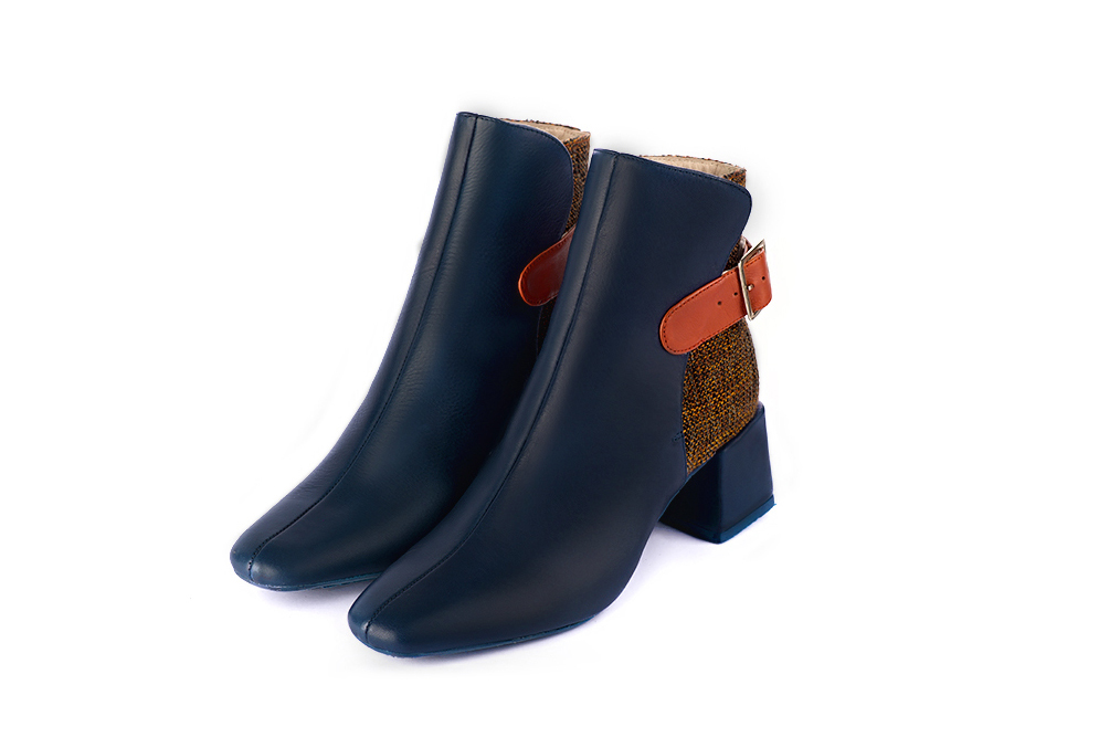 Women's navy blue and terracotta orange elegant ankle boots, with buckles at the back. Square toe. Medium block heels - Front view